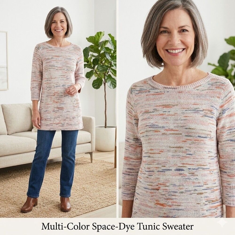 J Jill Marled Space Dyed Tunic Sweater Peach Sorbet Blue Boatneck Size Small